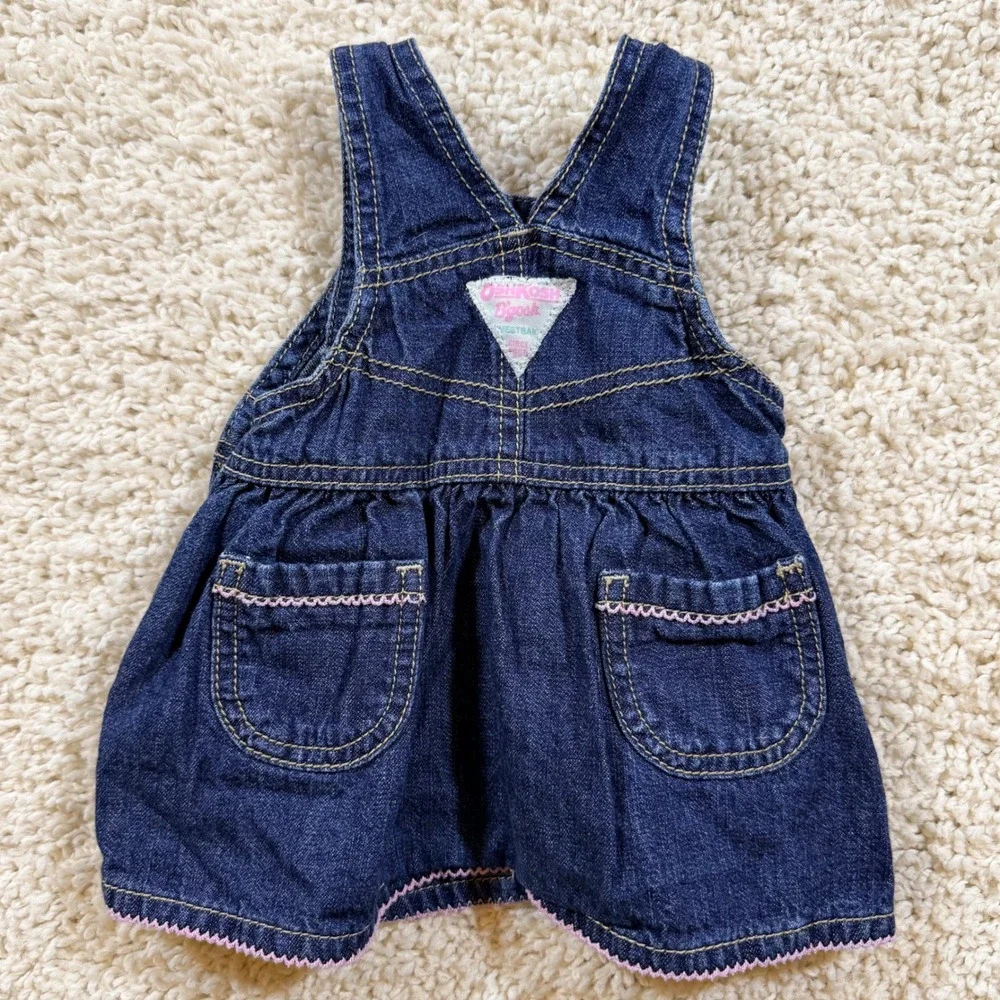 OshKosh Bgosh Vintage Blue Denim Floral Embroidered Overall Jumper Dress 3M